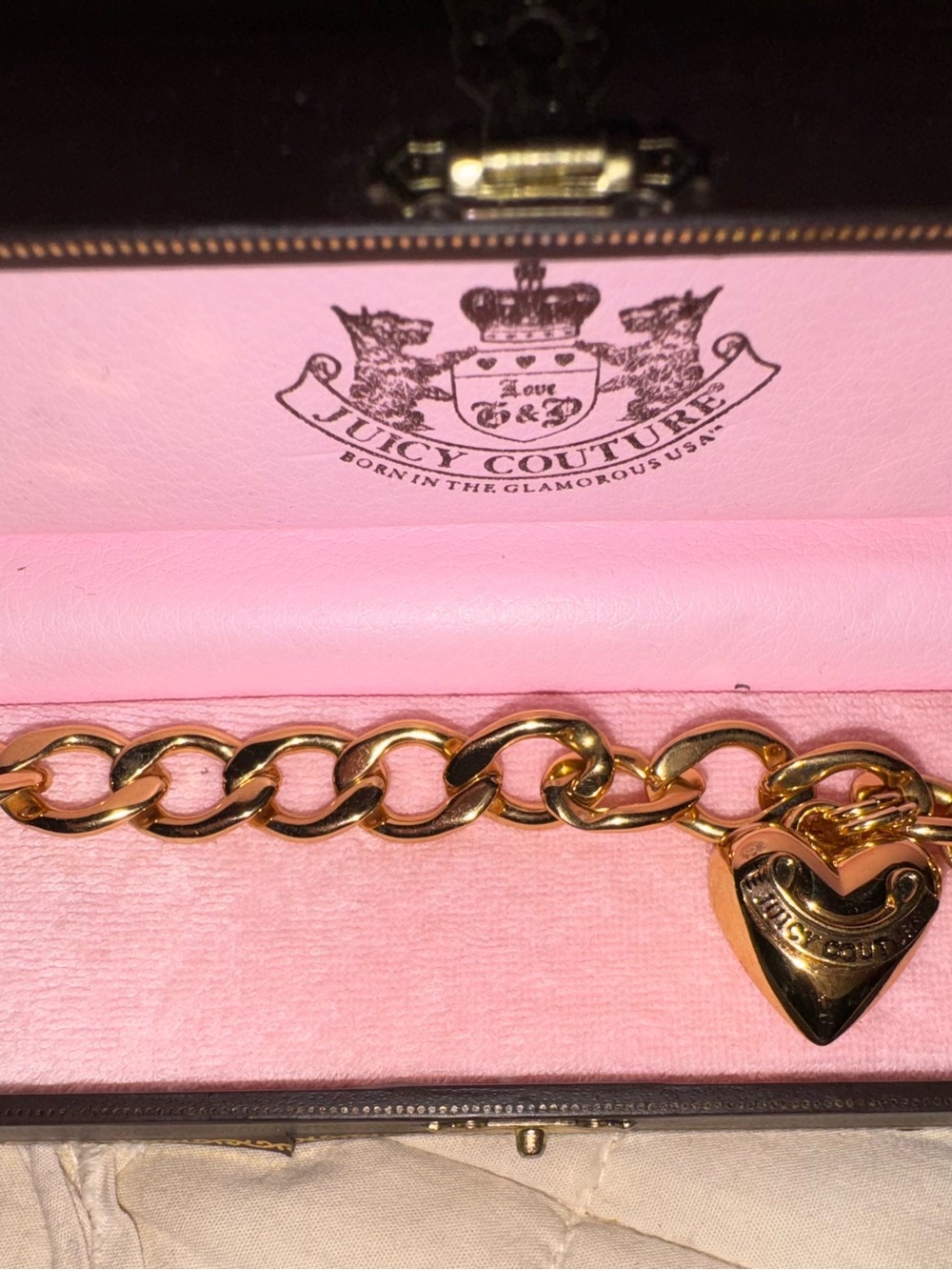 Juicy Couture Gold Heart Charm Chain Bracelet - Pink Y2K never used.